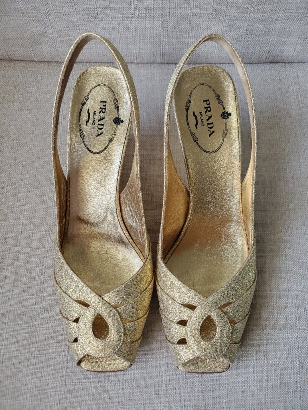 NEW Prada Gold Metallic Peep Toe Slingback Wedges Sandals Shoes Size 37